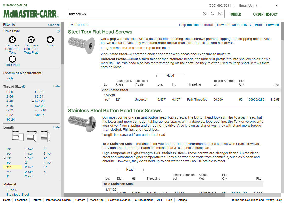 McMaster-Carr filtered results — 1/4-20 torx